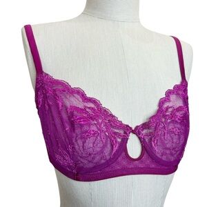 Malizia La Perla Italy magenta pink sheer lace floral underwire bra 34 D